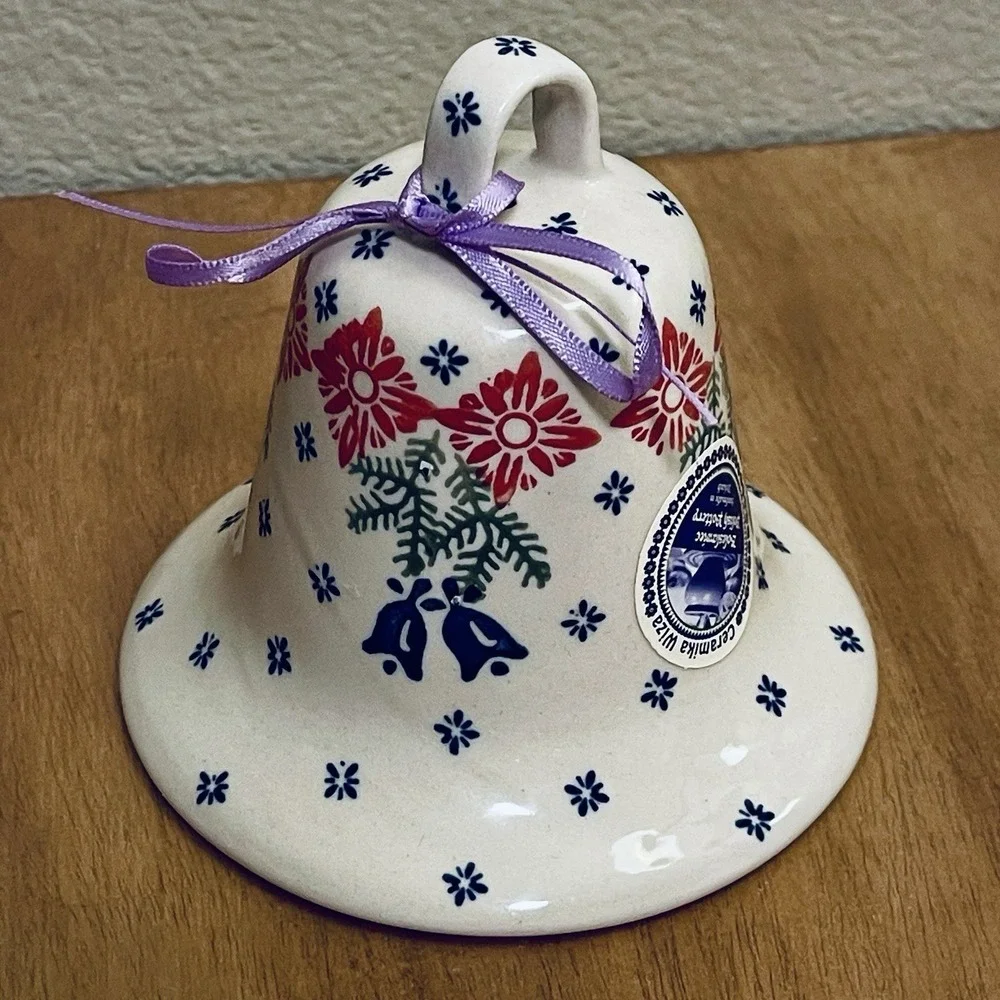 Polish Pottery Boleslawiec Christmas Bell Ornament Handmade Approx. 4.5x4.5 Inch